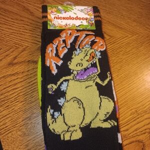 NICKELODEON RUGRATS REPTAR Black/ Neon Green 2 PR Crew Socks Unisex 6-12